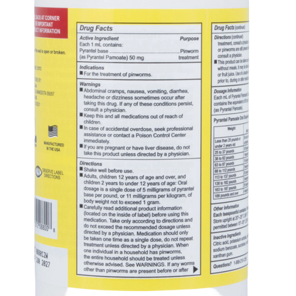 Pyrantel Pamoate Suspension, 50mg,"Yellow bottle label with drug facts and dosage table"