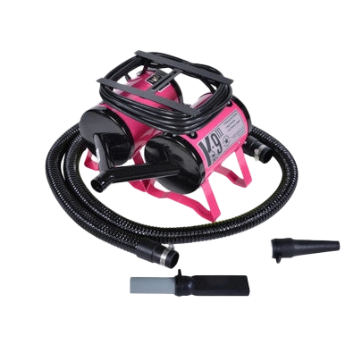 K-9 III Dog Dryer With FREE Water Peeler,"Pink dog dryer with black hose and two nozzle attachments"