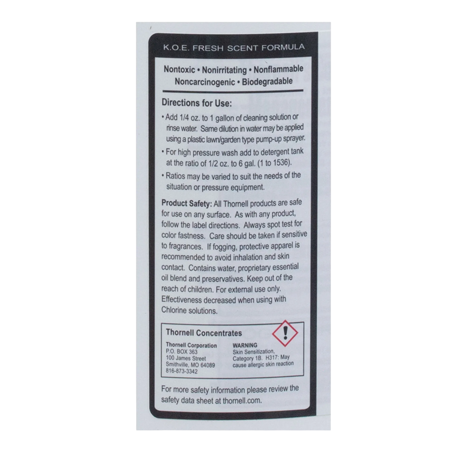 KOE® Kennel Odor Eliminator,"Back label with directions and warning panel"