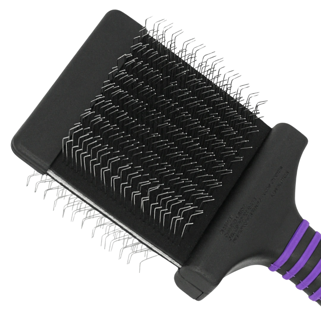 Dematting Extra Firm Slicker Brush,"Black slicker brush head with bent metal pins and purple handle grip"