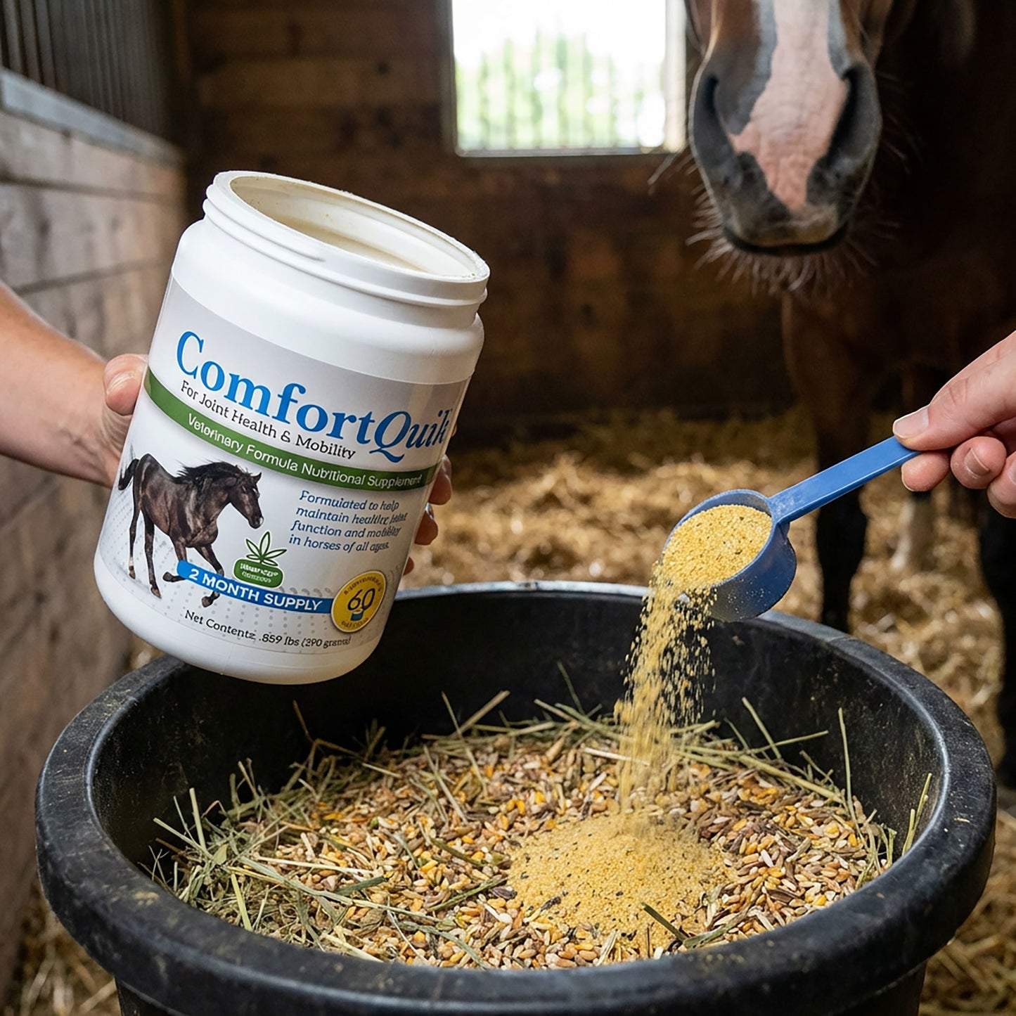 Comfort Quik™,"Open supplement tub pouring powder into horse feed with blue scoop"