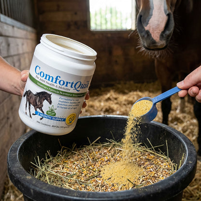 Comfort Quik™,"Open supplement tub pouring powder into horse feed with blue scoop"