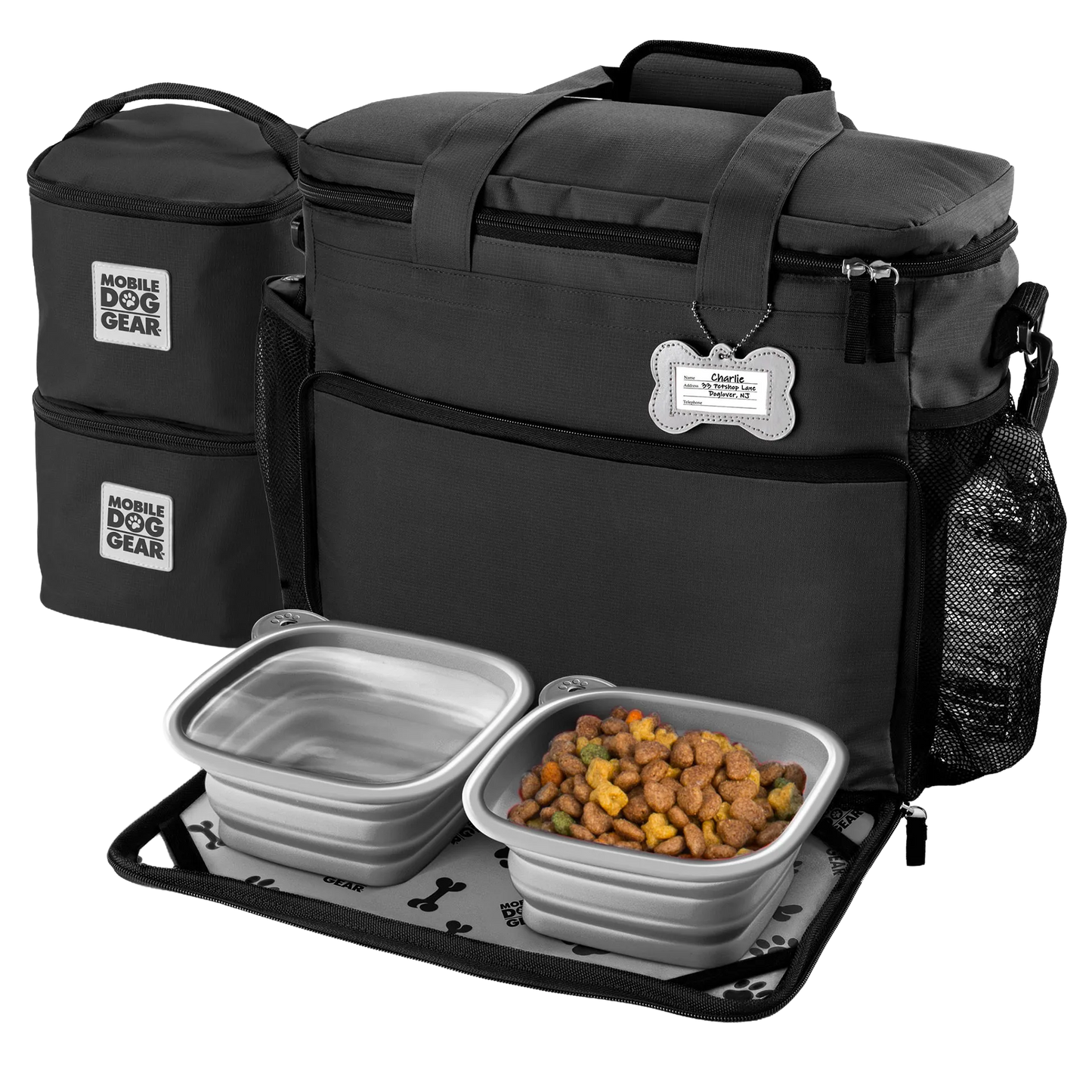 Week Away® Tote Bag,"Black pet travel tote with food carriers and two collapsible bowls"