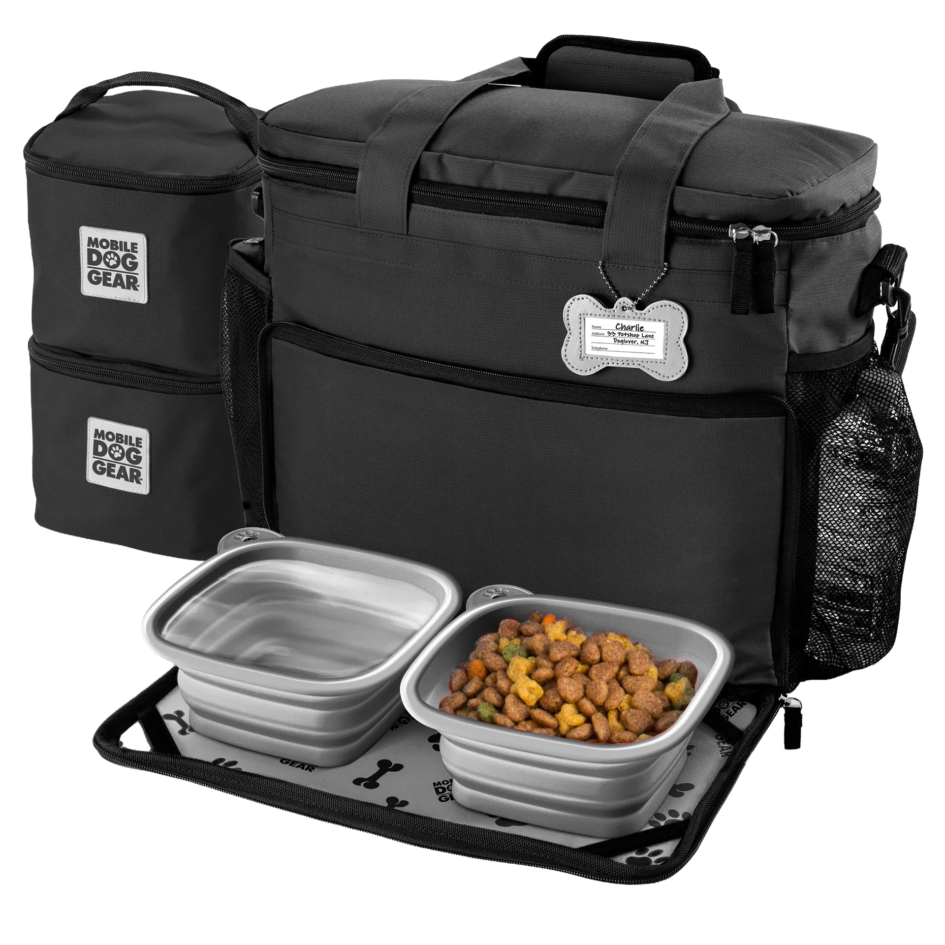 Week Away® Tote Bag,"Black pet travel tote with food carriers and two collapsible bowls"