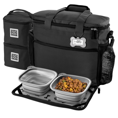 Week Away® Tote Bag,"Black pet travel tote with food carriers and two collapsible bowls"