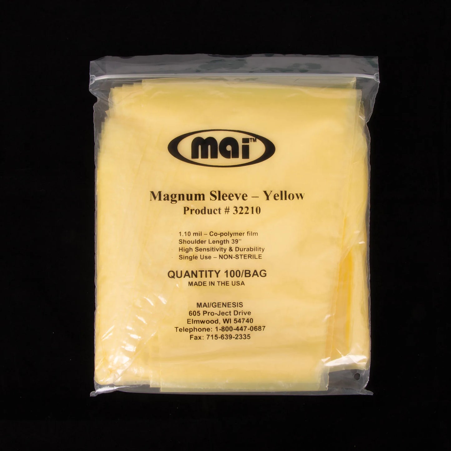 Non Sterile Shoulder Length Glove,"Yellow glove sleeves in clear plastic bag"