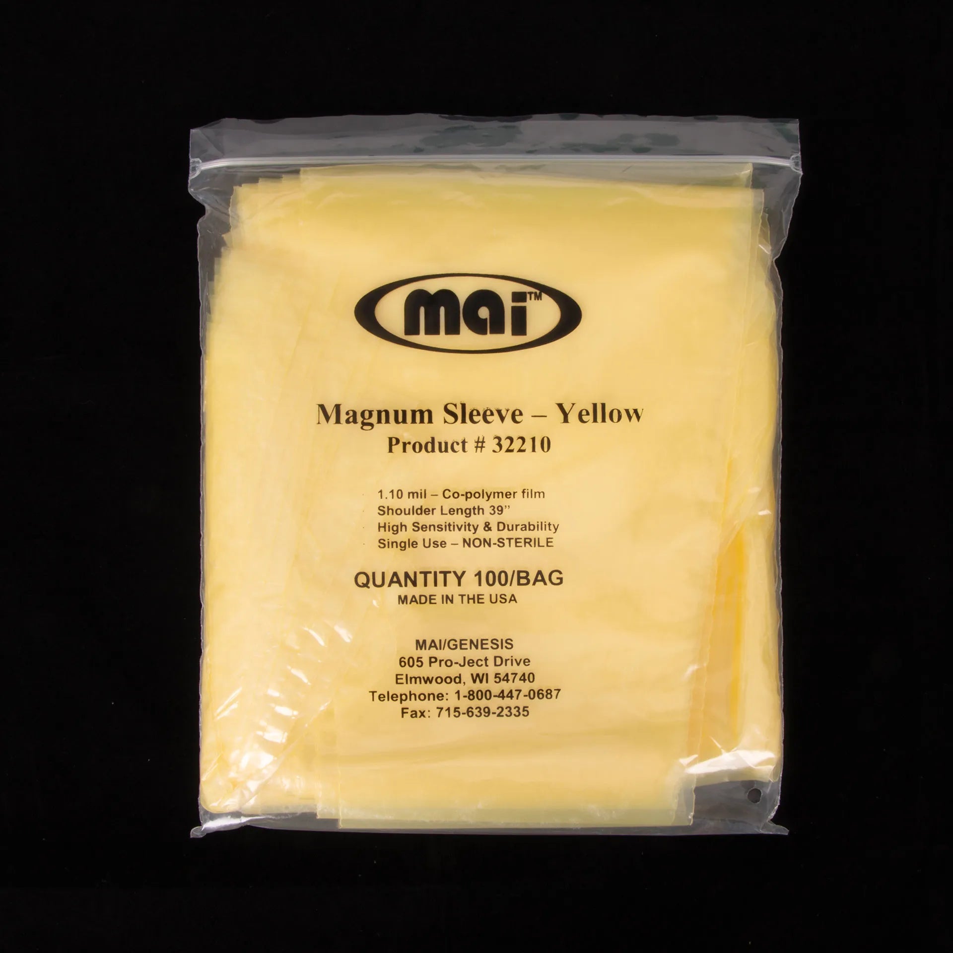 Non Sterile Shoulder Length Glove,"Yellow glove sleeves in clear plastic bag"