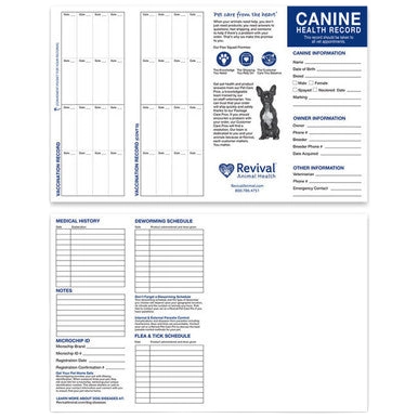 Revival Health Records for Dogs and Cats,"Open canine health record booklet interior pages"
