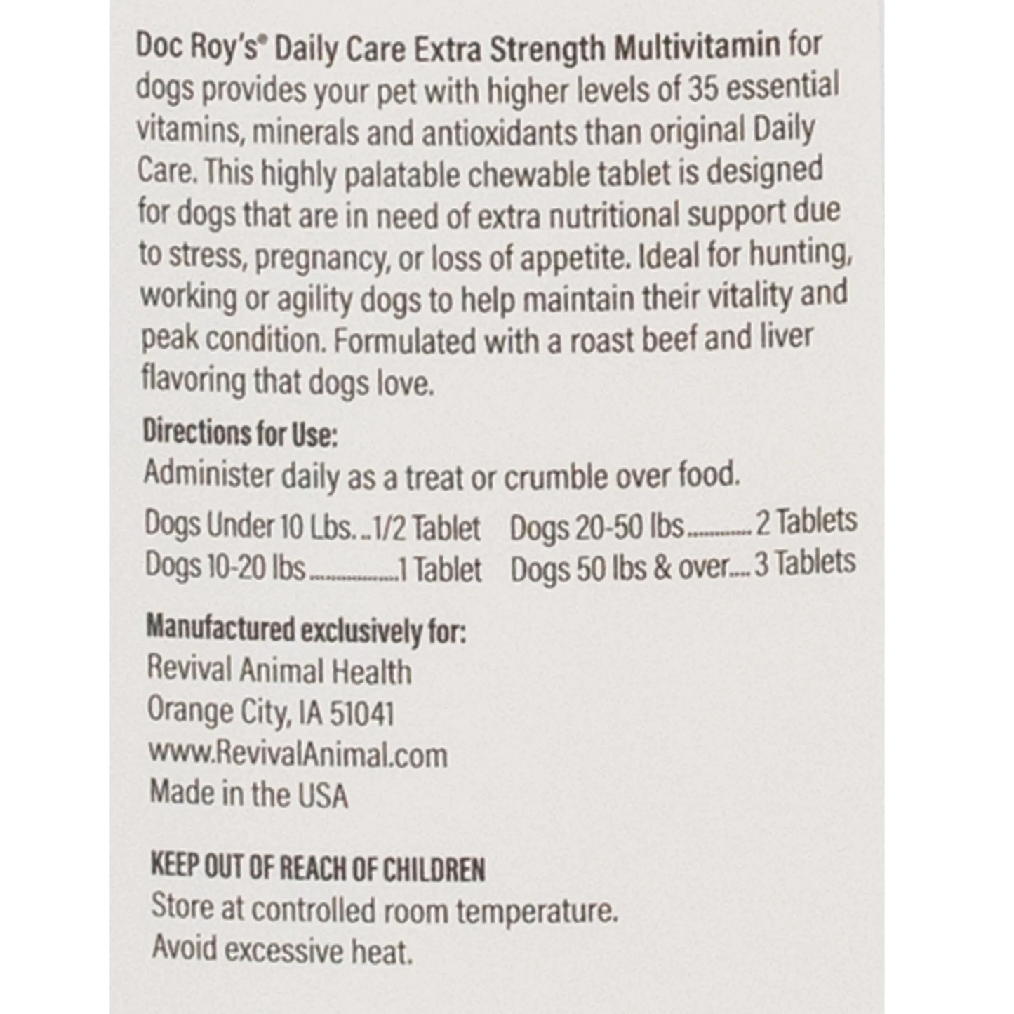 Doc Roy's® Daily Care Canine,"Back label with directions and dosage information"