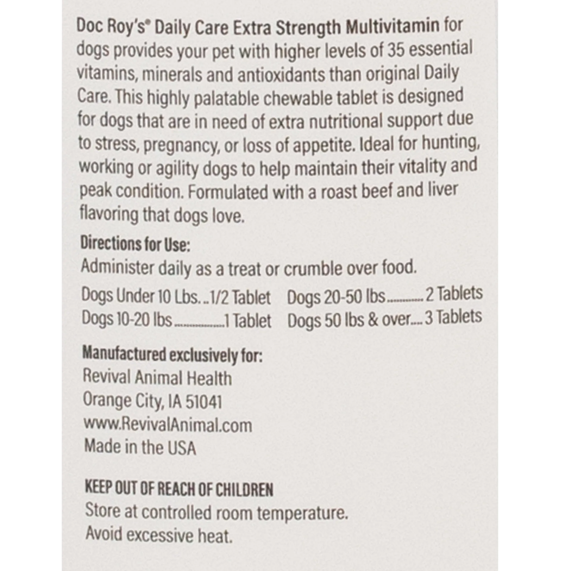 Doc Roy's® Daily Care Canine,"Back label with directions and dosage information"