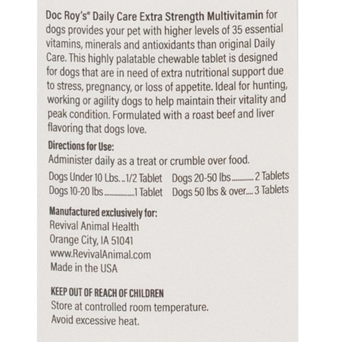 Doc Roy's® Daily Care Canine,"Back label with directions and dosage information"