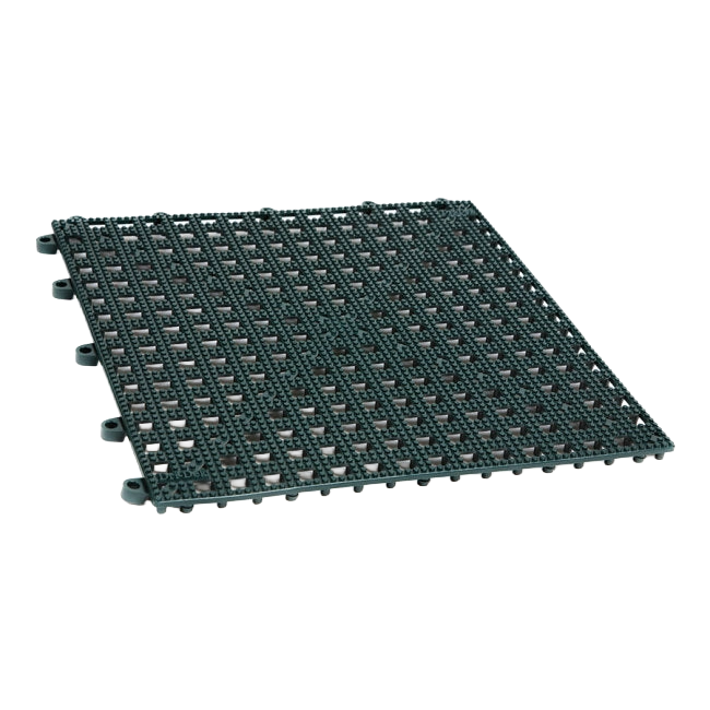 Dri-Dek® Flooring,"Dark interlocking floor tile panel with raised grid surface"