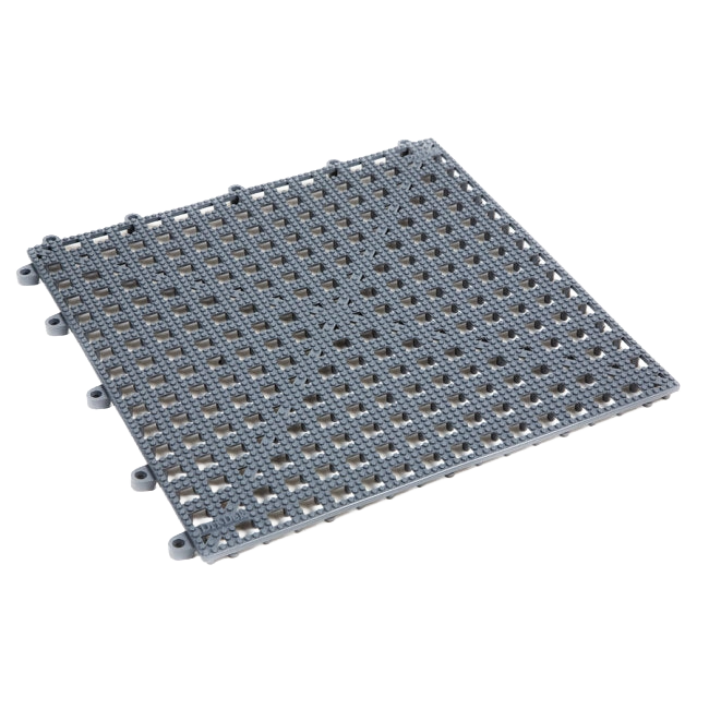 Dri-Dek® Flooring,"Gray interlocking perforated floor tile panel"