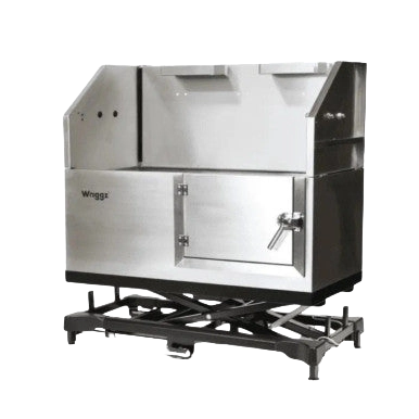 Dog Grooming Electric Tub with Lift-up Door by Waggz,"Stainless steel grooming tub on black scissor-lift base"