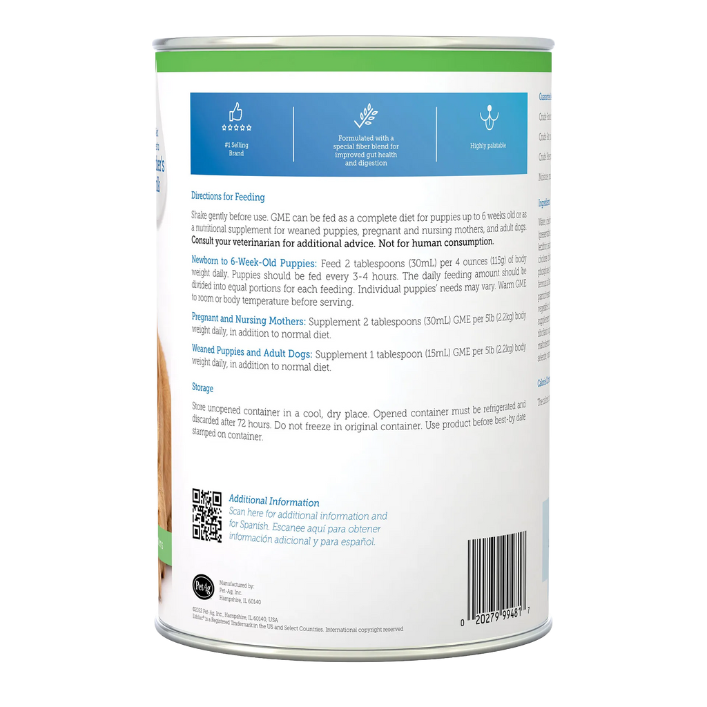 Goats Milk Esbilac® Puppies,"Back of powdered milk can with feeding directions and barcode"
