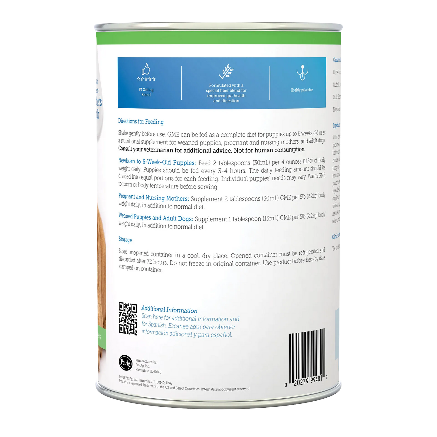 Goats Milk Esbilac® Puppies,"Back of powdered milk can with feeding directions and barcode"