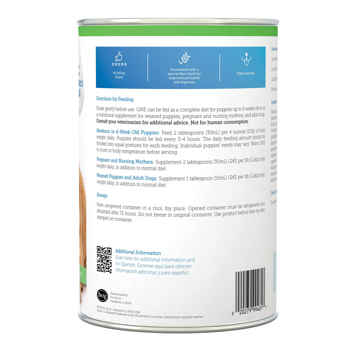 Goats Milk Esbilac® Puppies,"Back of powdered milk can with feeding directions and barcode"