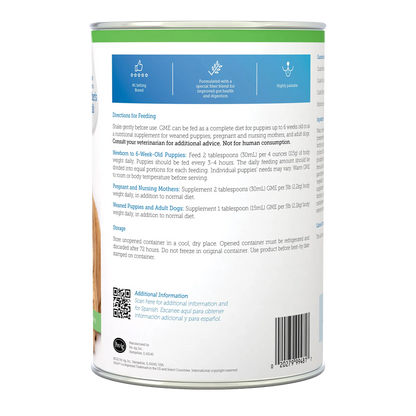 Goats Milk Esbilac® Puppies,"Back of powdered milk can with feeding directions and barcode"