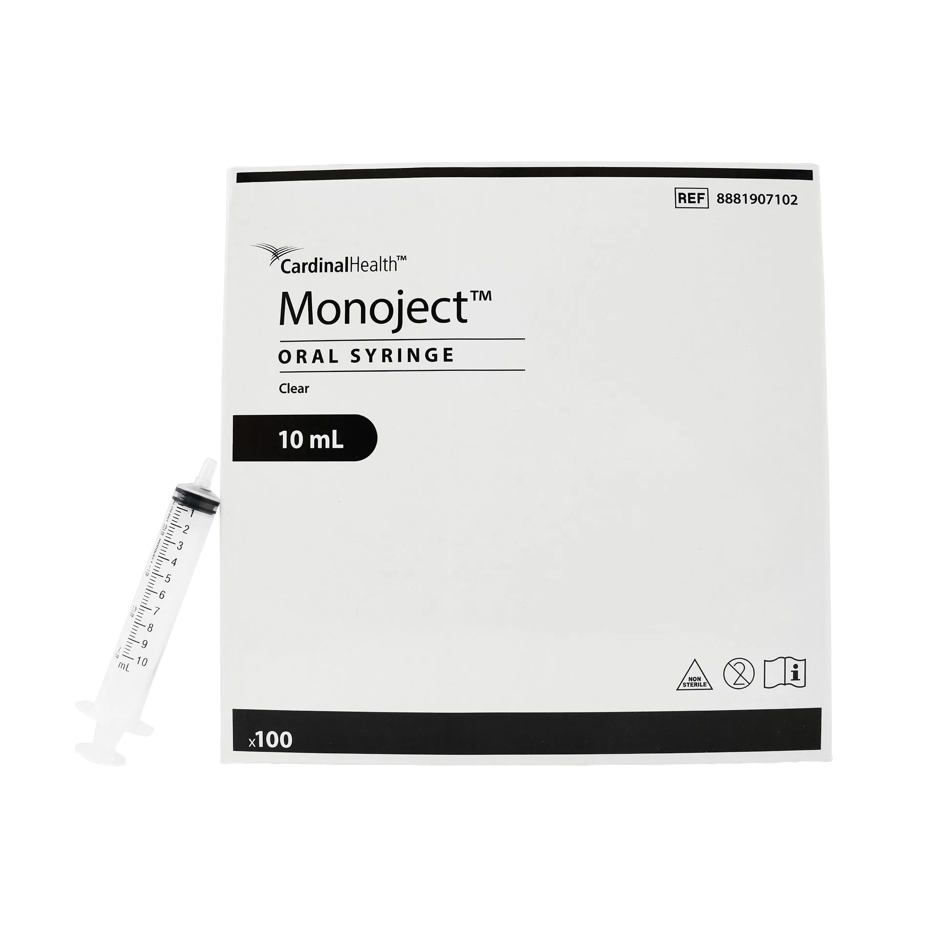 MonoJect™ 10cc Oral Syringe,"Clear oral syringe beside product box"