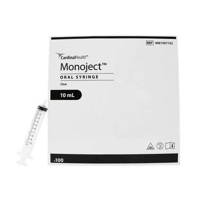 MonoJect™ 10cc Oral Syringe,"Clear oral syringe beside product box"