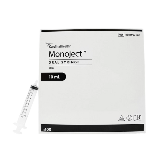 MonoJect™ 10cc Oral Syringe,"Clear oral syringe beside product box"