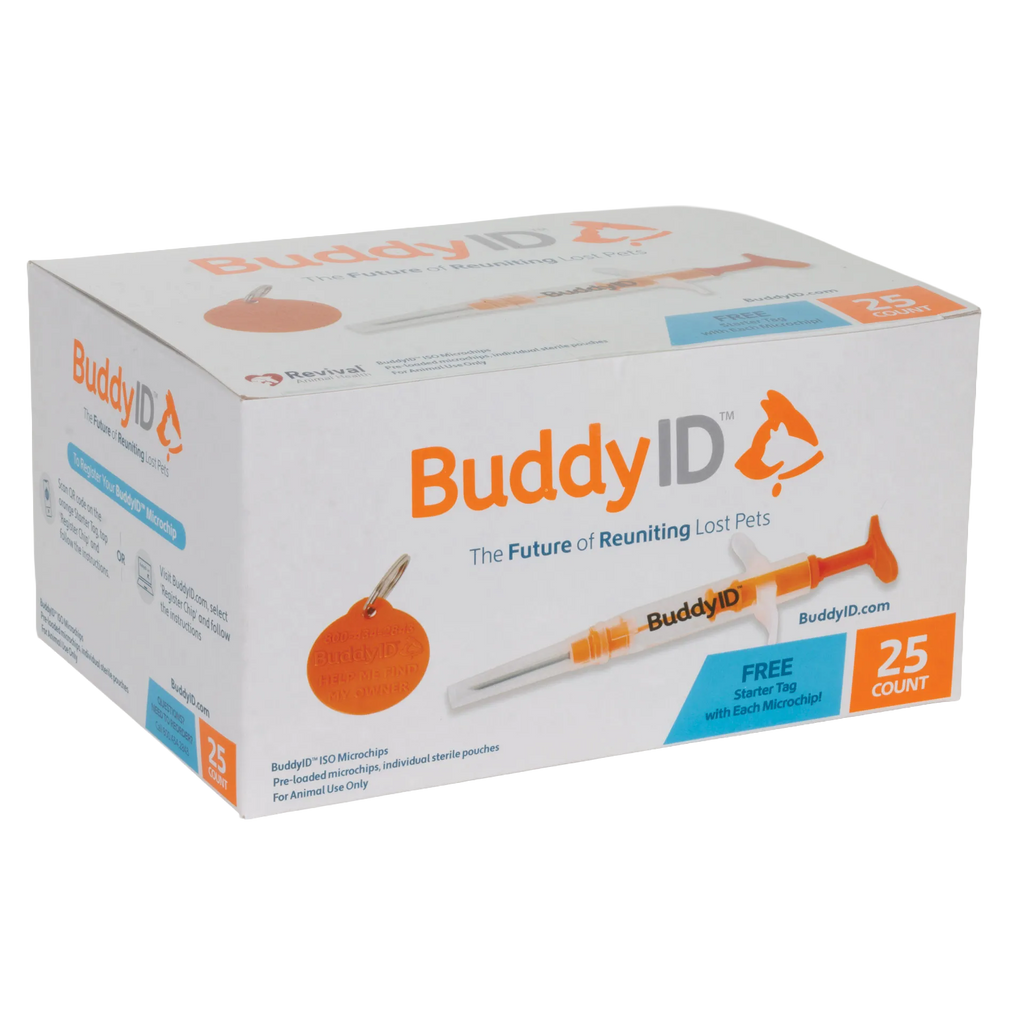 BuddyID®  ISO Microchip,"Box with orange syringe applicator and round starter tag"