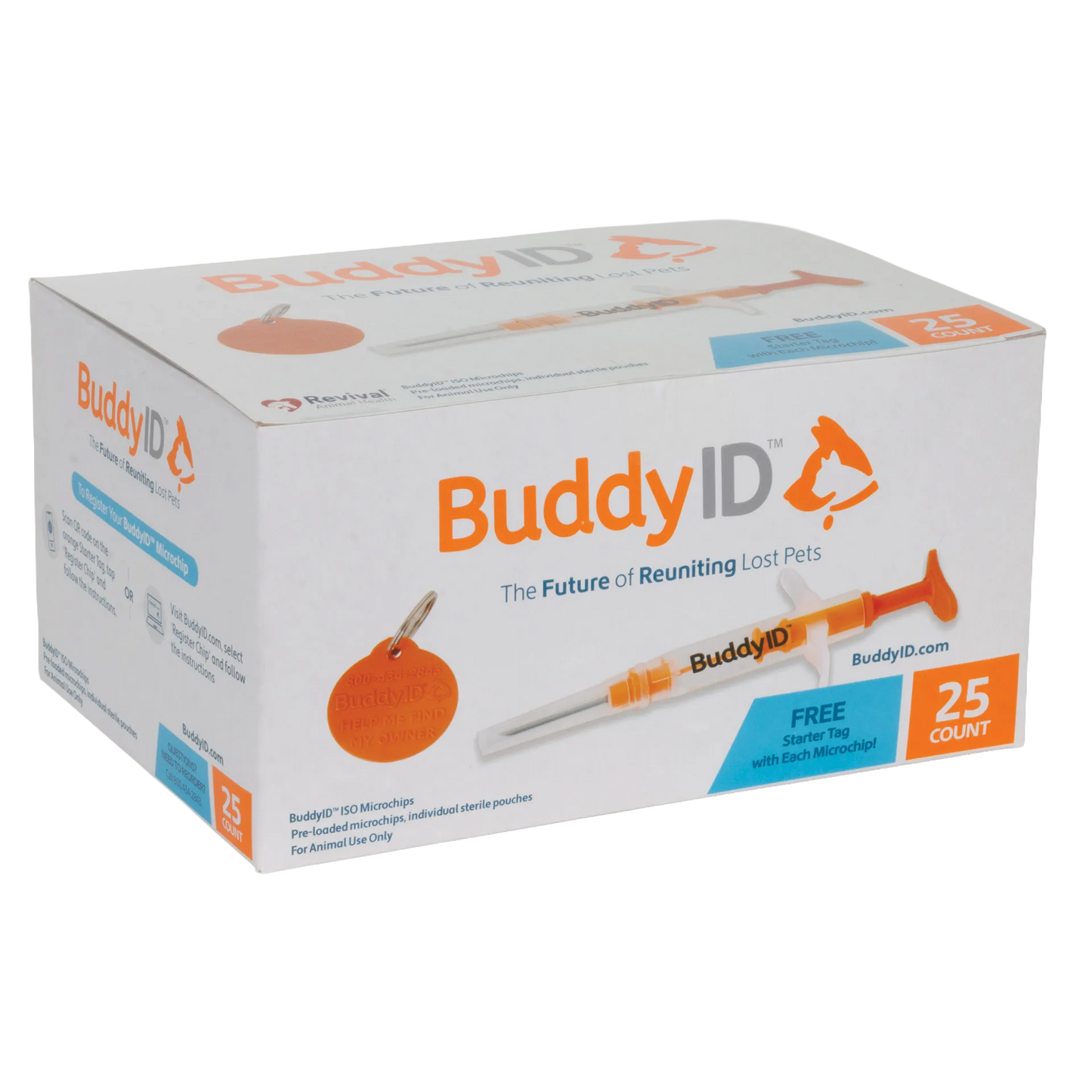 BuddyID®  ISO Microchip,"Box with orange syringe applicator and round starter tag"