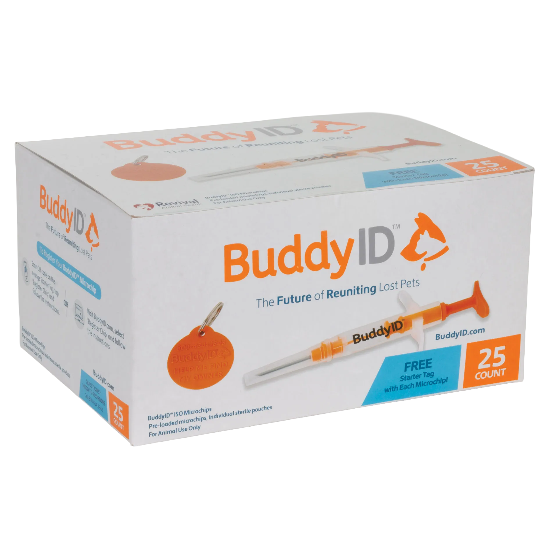 BuddyID®  ISO Microchip,"Box with orange syringe applicator and round starter tag"