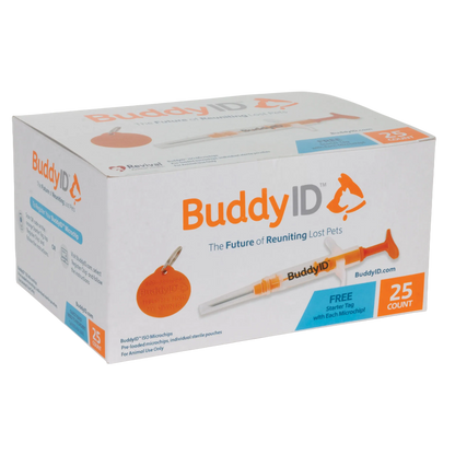 BuddyID®  ISO Microchip,"Box with orange syringe applicator and round starter tag"