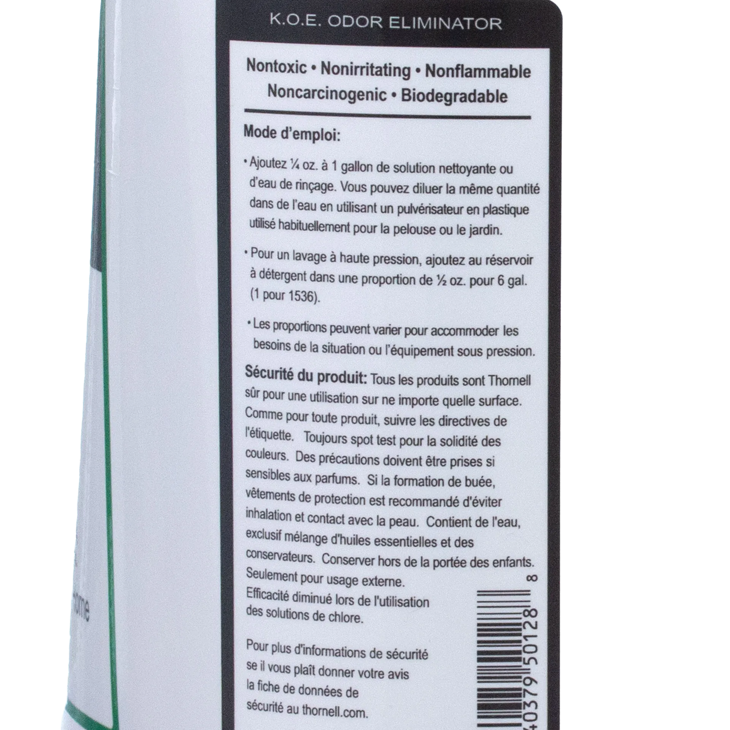 KOE® Kennel Odor Eliminator,"Side view of bottle with French label and barcode"
