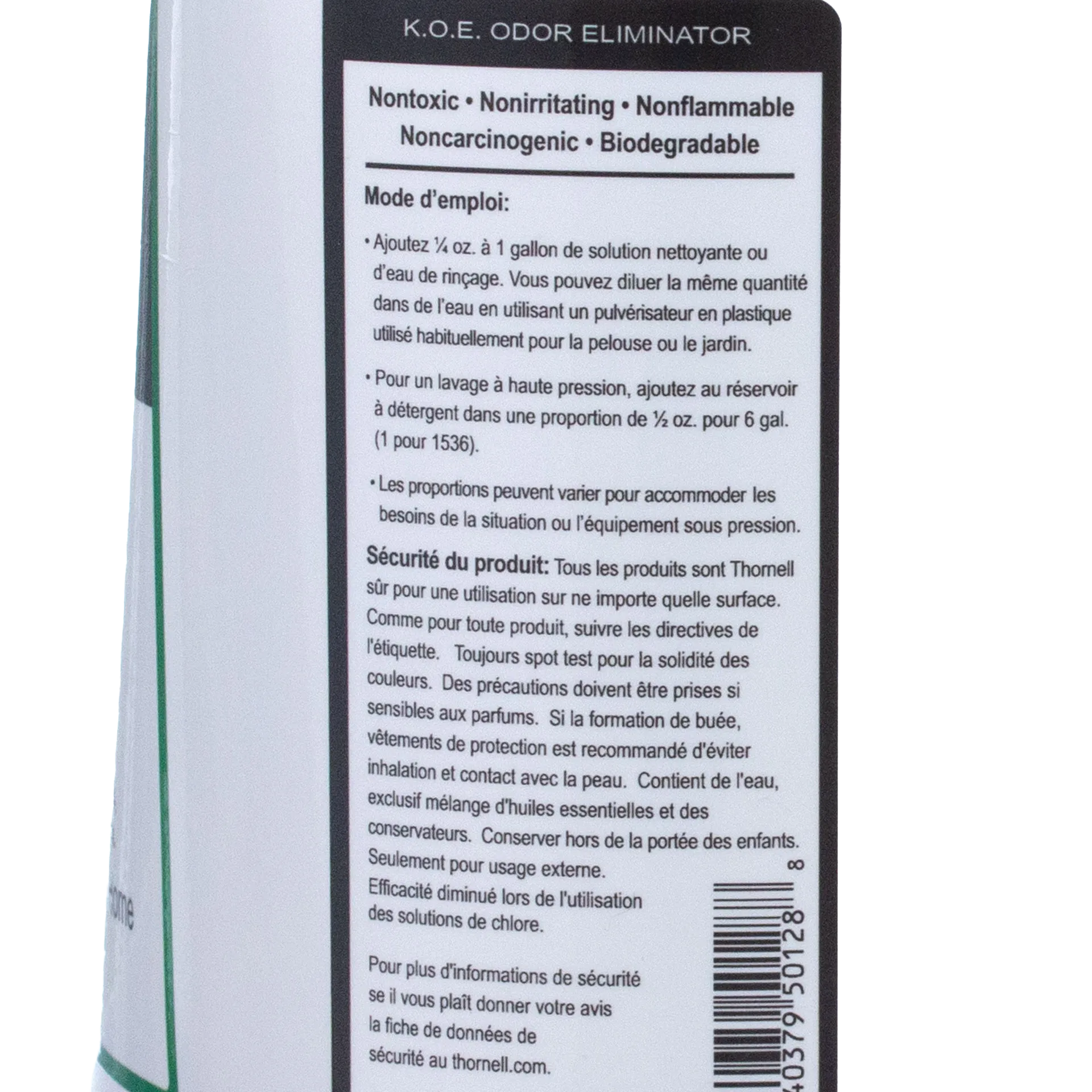 KOE® Kennel Odor Eliminator,"Side view of bottle with French label and barcode"