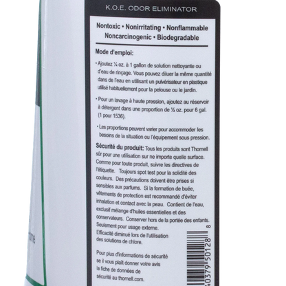 KOE® Kennel Odor Eliminator,"Side view of bottle with French label and barcode"