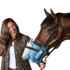 Flexineb® E3 Portable Equine Nebulizer Complete System with 2 Standard Med Cups,"Horse wearing blue nebulizer mask held by woman"