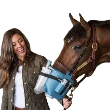 Flexineb® E3 Portable Equine Nebulizer Complete System with 2 Standard Med Cups,"Horse wearing blue nebulizer mask held by woman"
