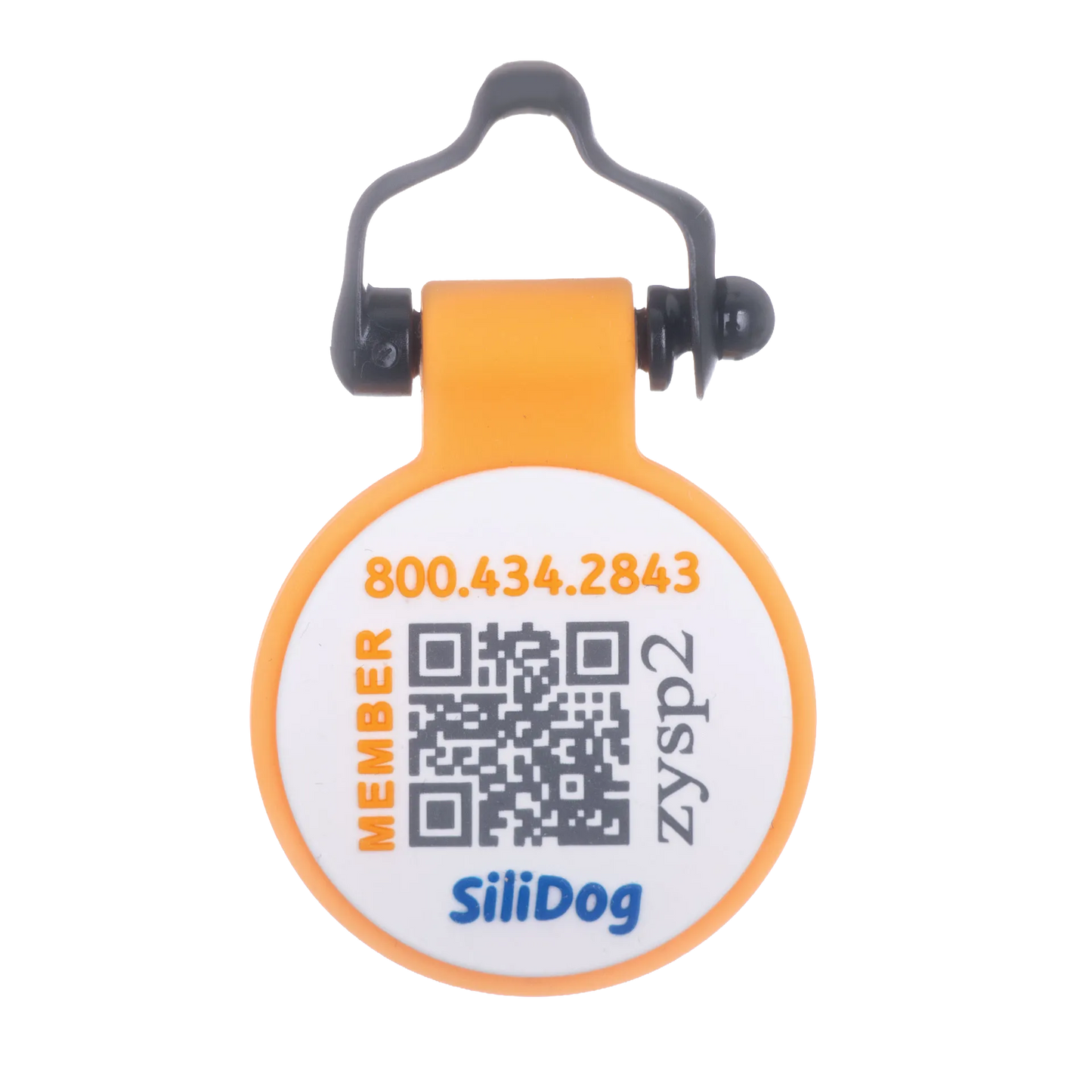 Personalized BuddyID® BuddyBadge® Silicone Collar Tag,"Round orange tag with QR code and black clip"