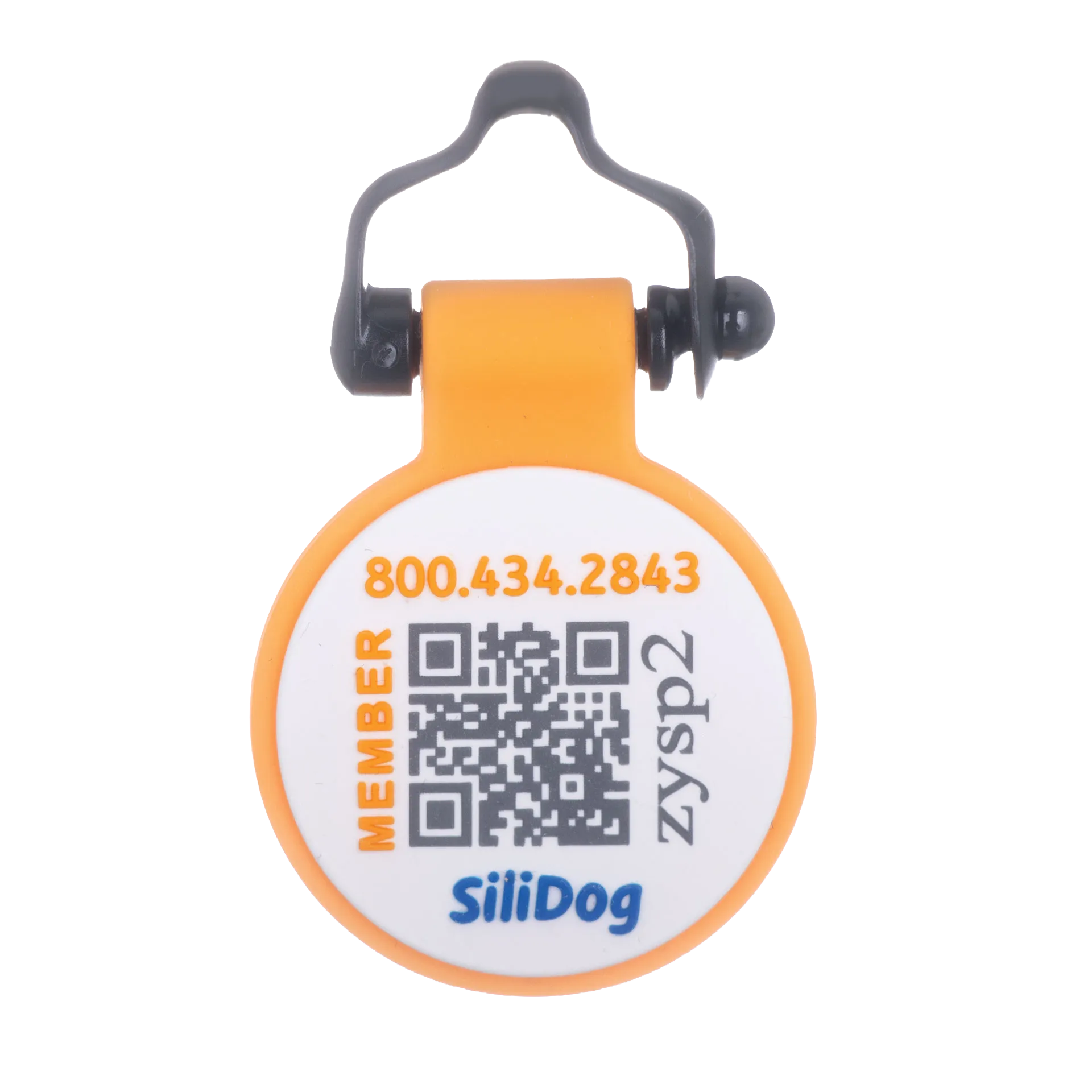 Personalized BuddyID® BuddyBadge® Silicone Collar Tag,"Round orange tag with QR code and black clip"