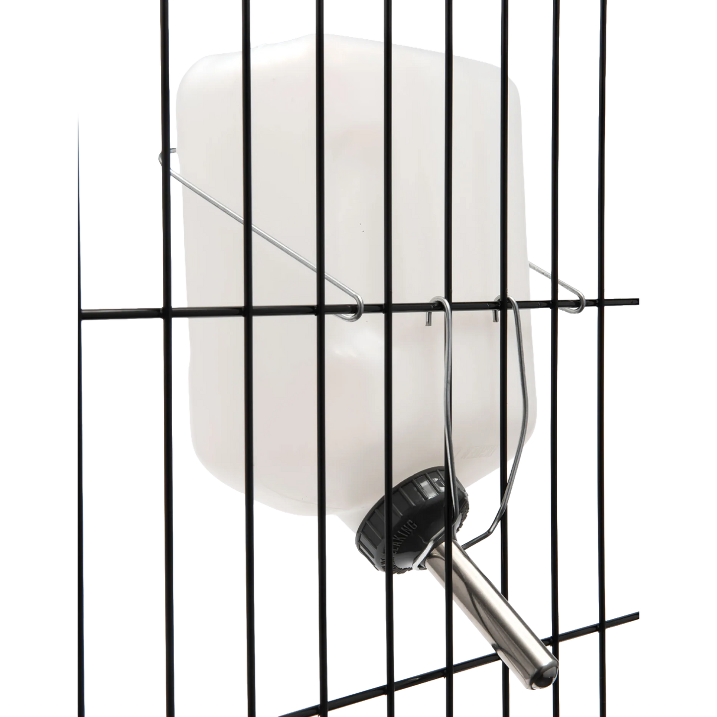Lixit® Dog Waterer,"White bottle mounted to wire crate with metal drinking tube"