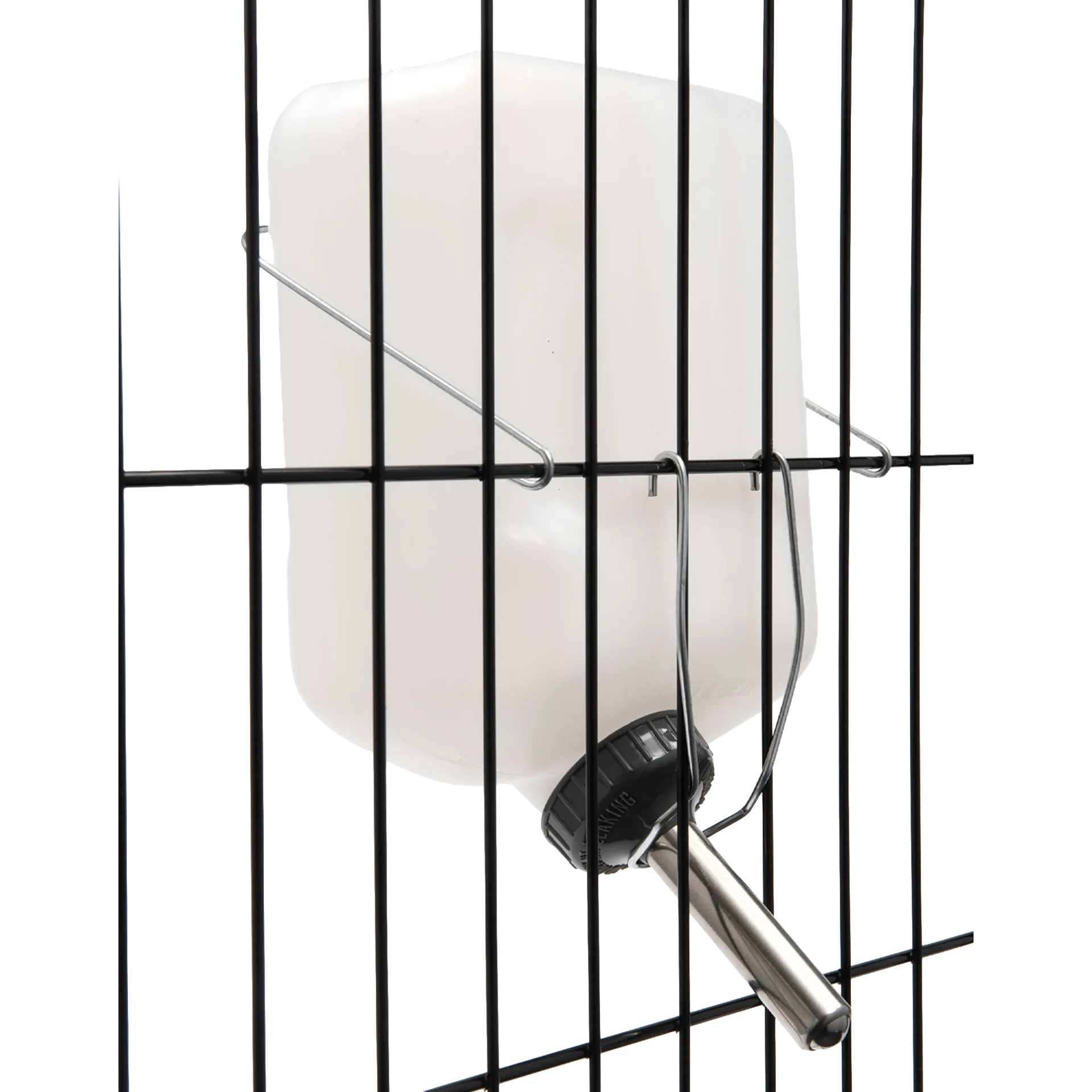 Lixit® Dog Waterer,"White bottle mounted to wire crate with metal drinking tube"