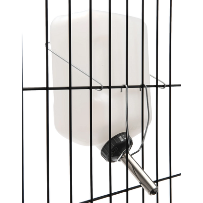 Lixit® Dog Waterer,"White bottle mounted to wire crate with metal drinking tube"