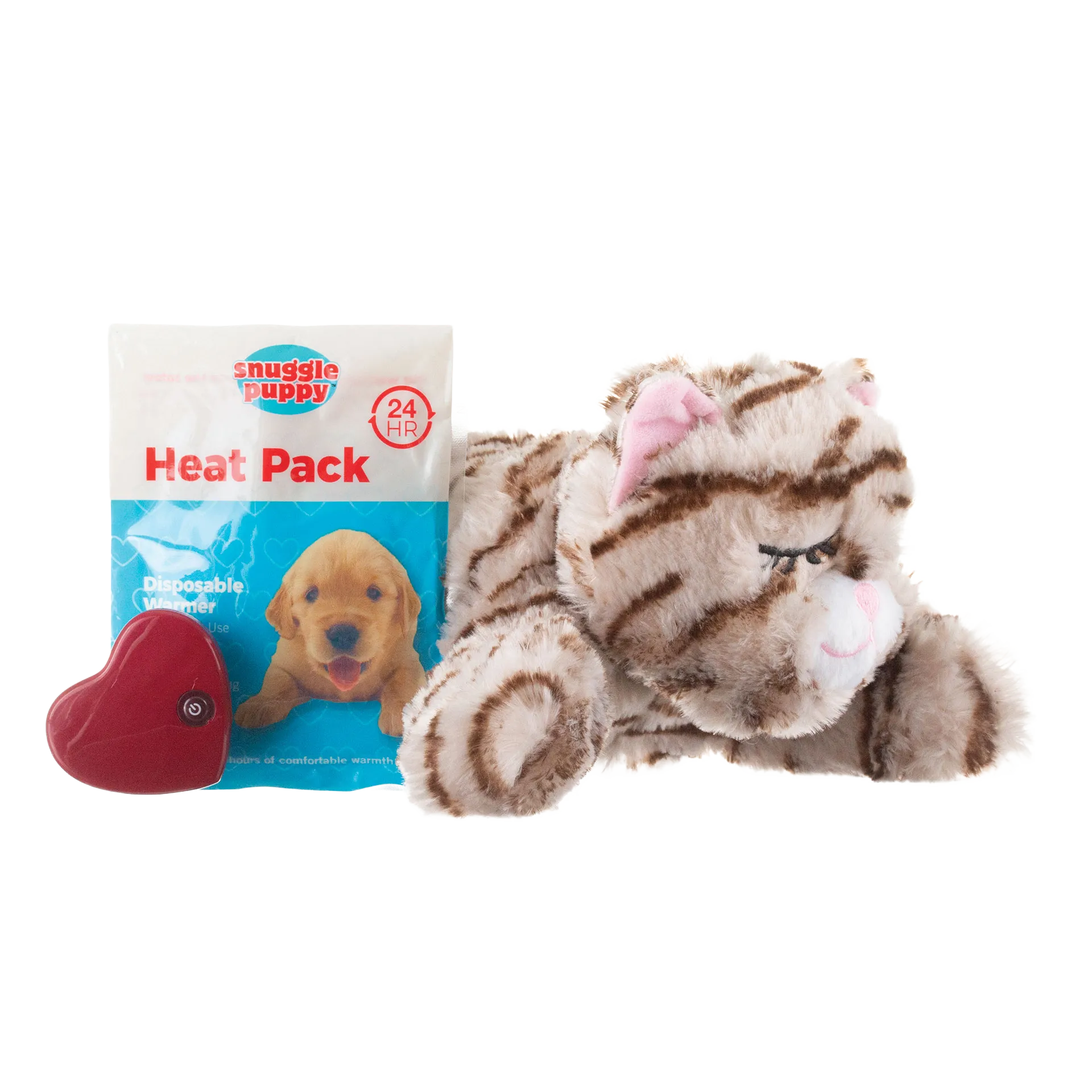 Snuggle Puppy & Kitten,"Striped plush kitten with heat pack and heart insert"