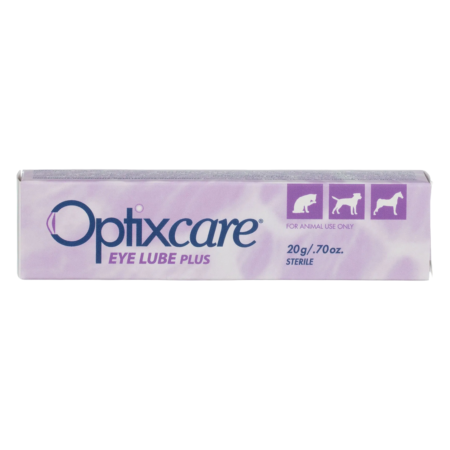 OptixCare® Eye Lube Plus for Dogs, Cats, and Horses,"Purple product box with cat, dog, and horse icons"