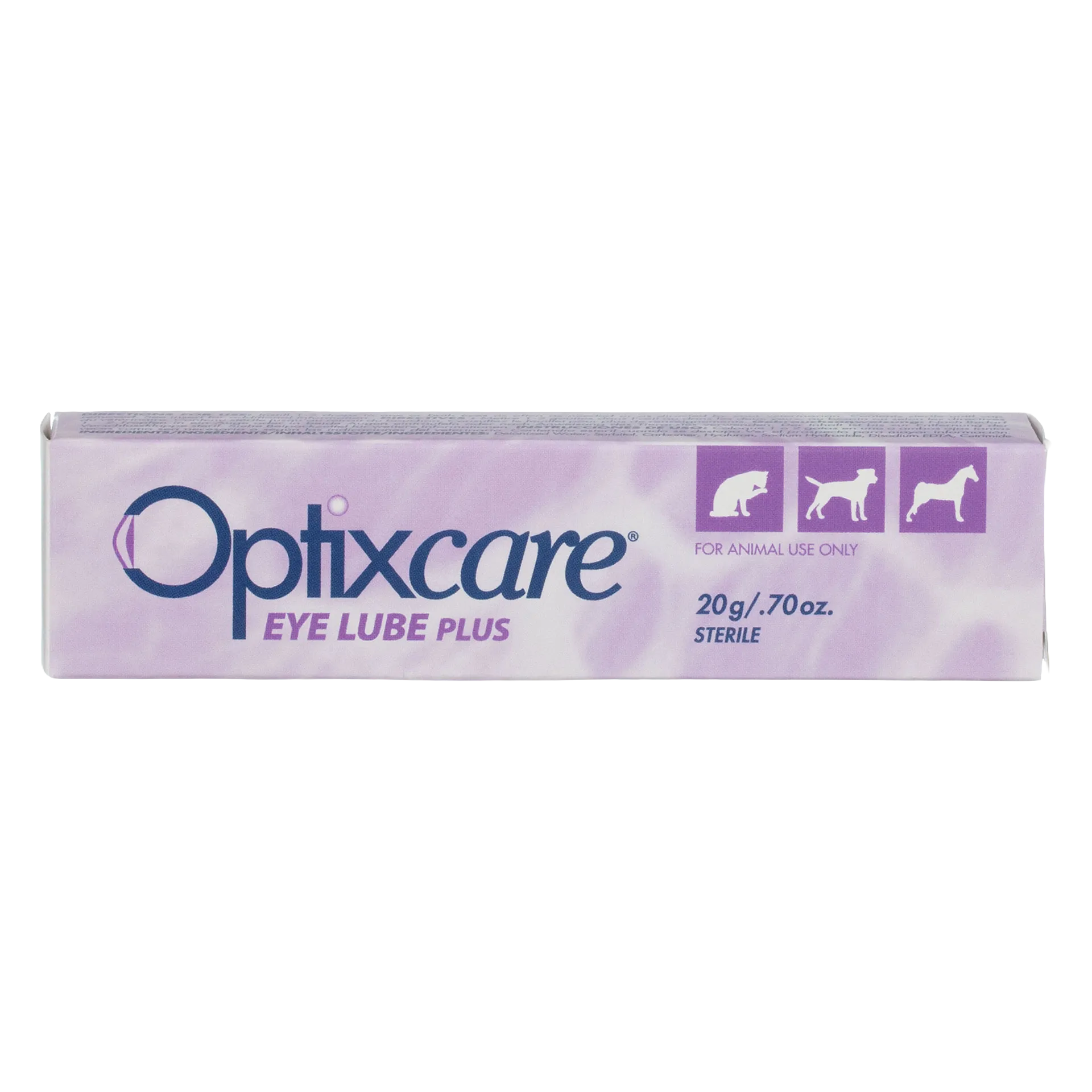 OptixCare® Eye Lube Plus for Dogs, Cats, and Horses,"Purple product box with cat, dog, and horse icons"