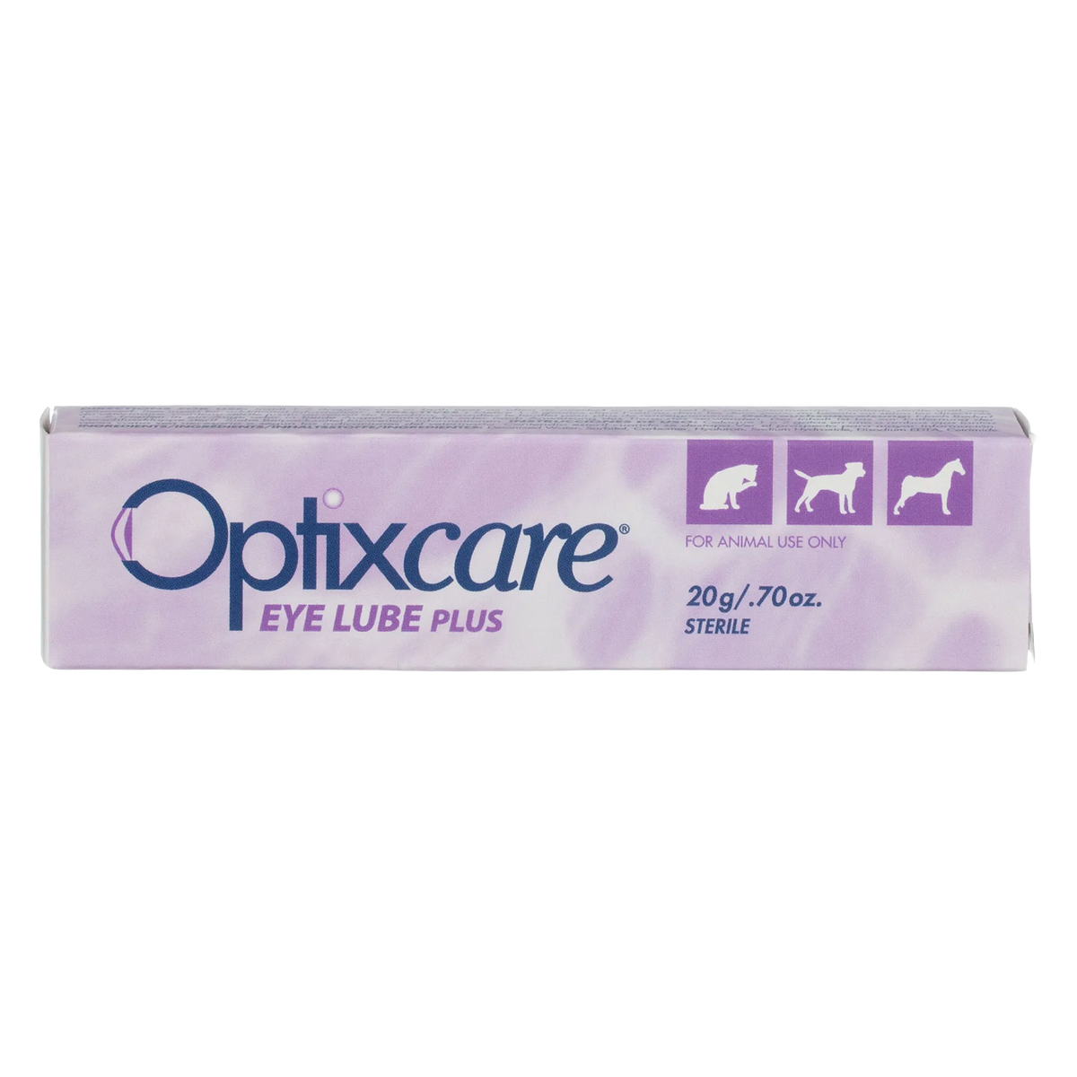 OptixCare® Eye Lube Plus for Dogs, Cats, and Horses,"Purple product box with cat, dog, and horse icons"