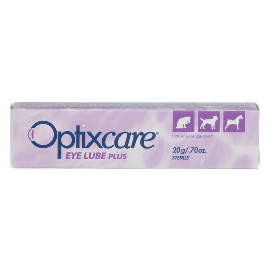 OptixCare® Eye Lube Plus for Dogs, Cats, and Horses,"Purple product box with cat, dog, and horse icons"