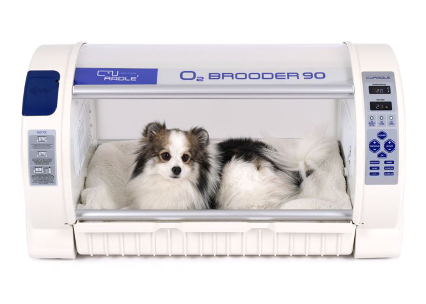 O2 Brooder by Rcom USA,"White pet brooder with front opening and control panel, small dog inside"
