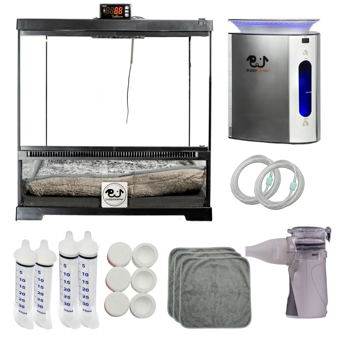 Puppywarmer Bundles,"Incubator bundle with humidifier, tubing, syringes, pads, caps, and nebulizer"