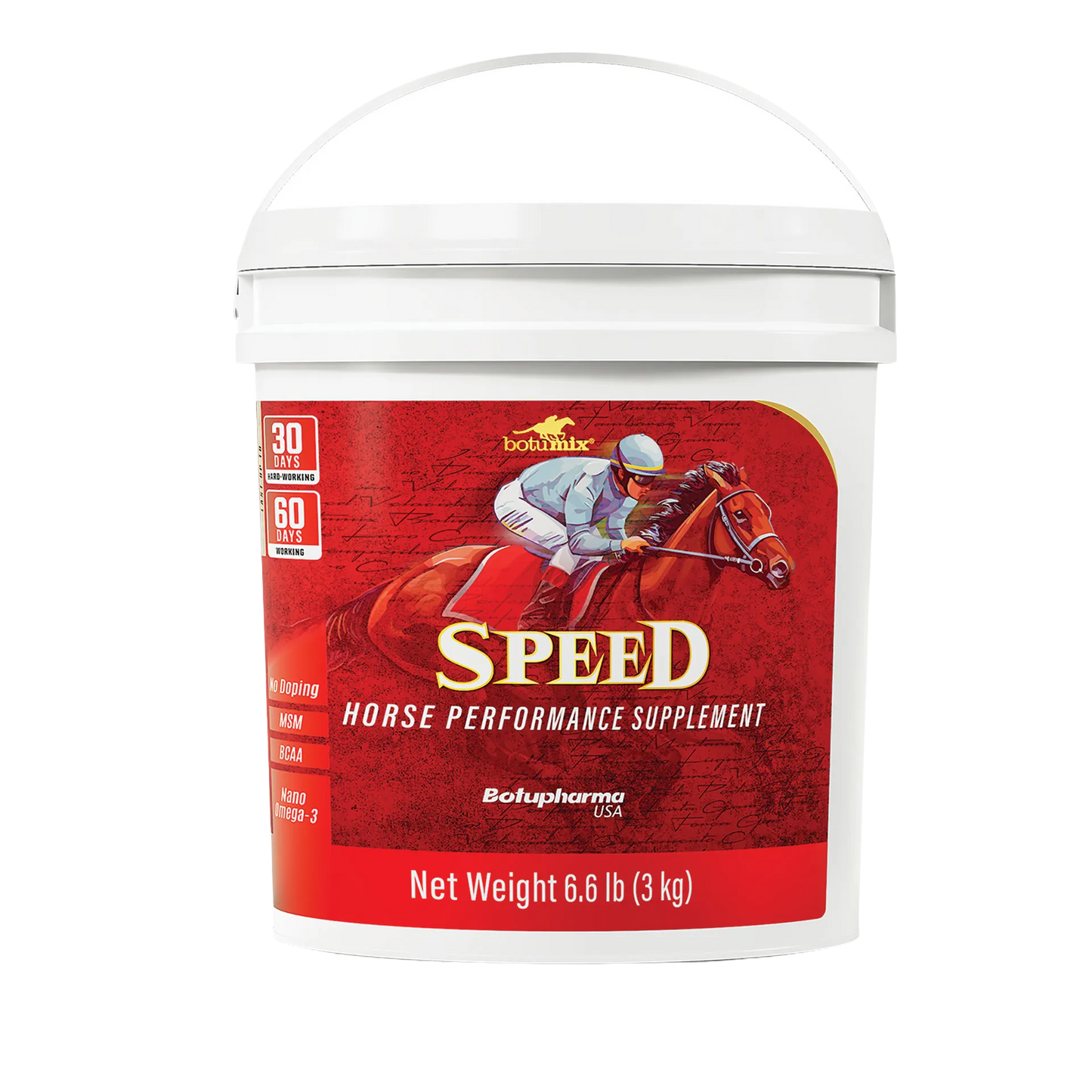 BotuMix Speed Powder,"White tub with red horse racing label"
