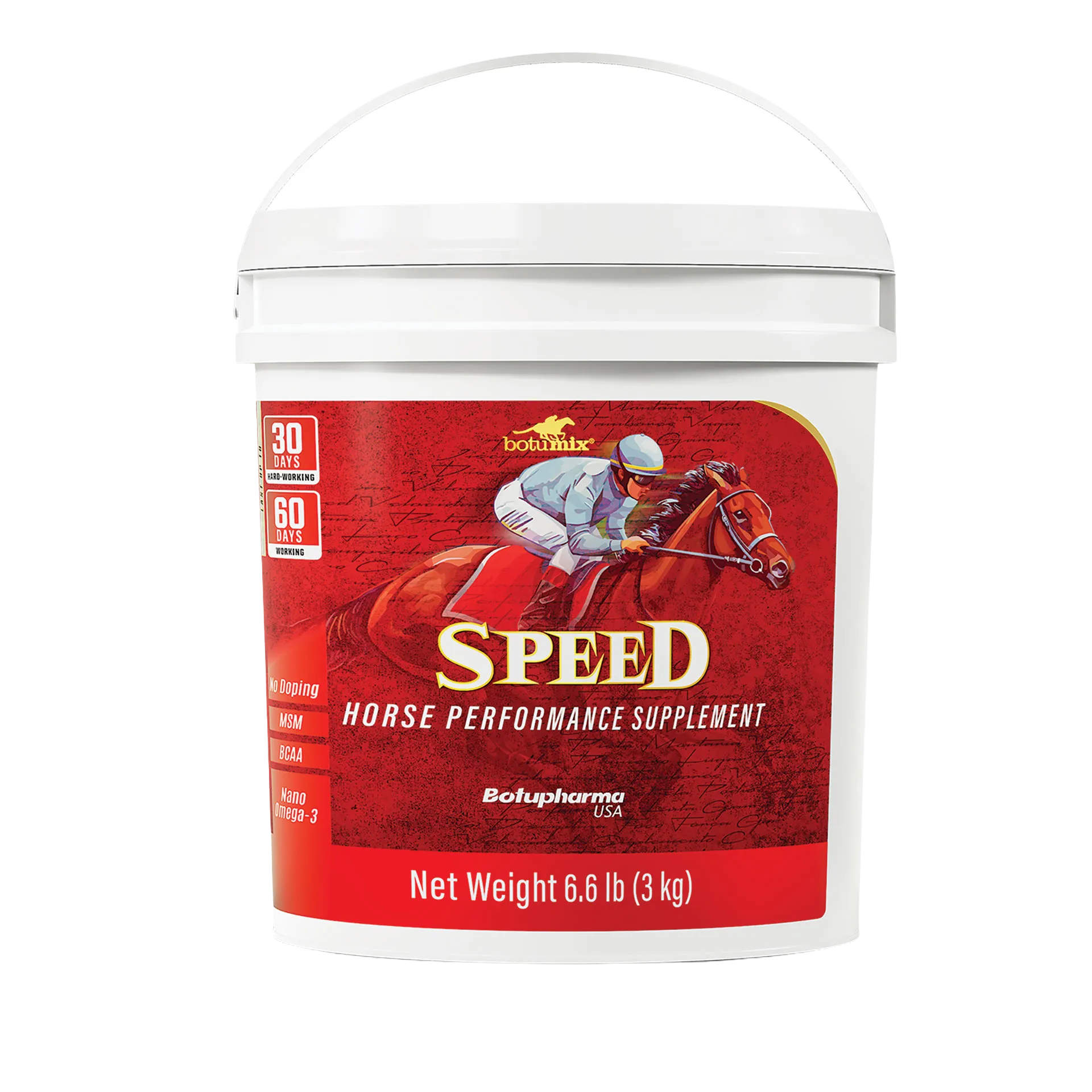 BotuMix Speed Powder,"White tub with red horse racing label"
