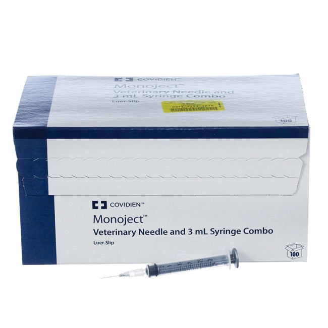 3cc MonoJect™ Syringes with 25 gauge Needles,"Box of syringes with one syringe displayed in front"