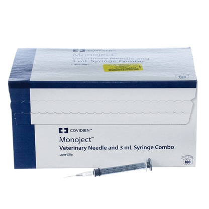 3cc MonoJect™ Syringes with 25 gauge Needles,"Box of syringes with one syringe displayed in front"